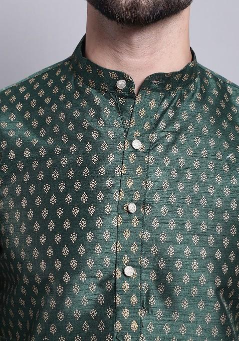 Green Ethnic Motifs Cotton Kurta Set For Men