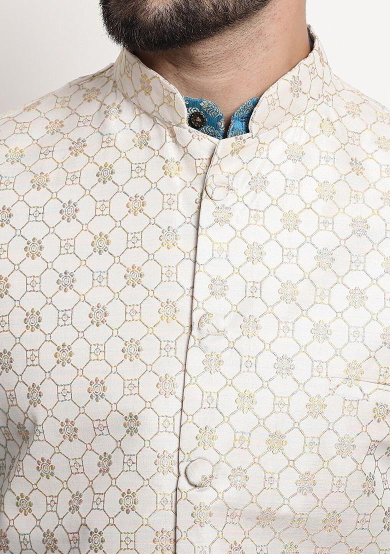 Blue Ethnic Motifs Cotton Kurta Set For Men