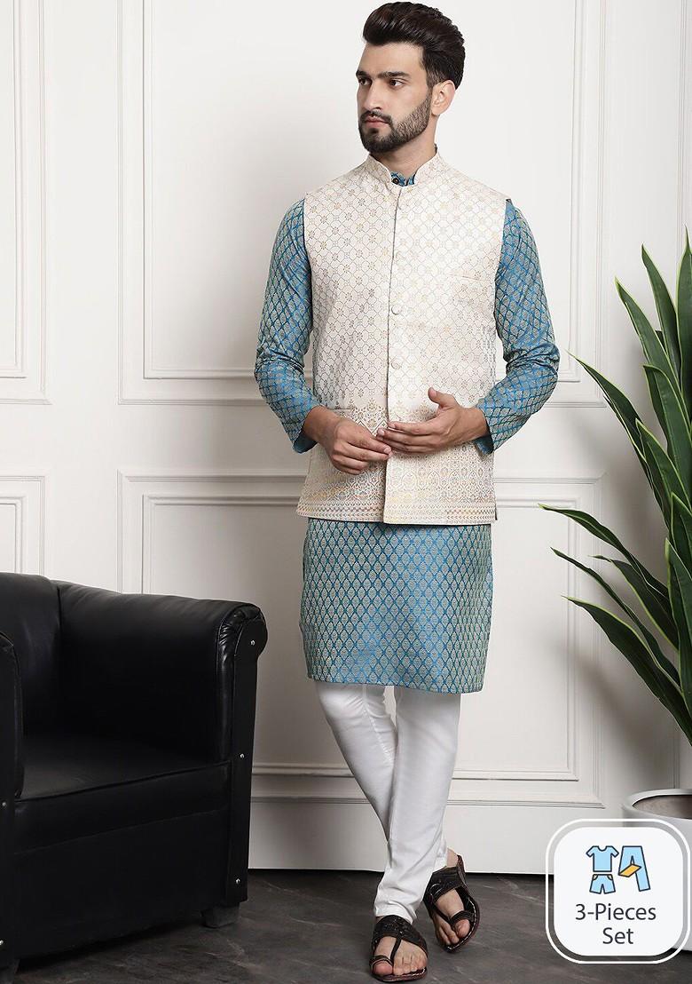 Blue Ethnic Motifs Cotton Kurta Set For Men