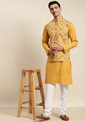 Mustard Solid Cotton Kurta Set For Men