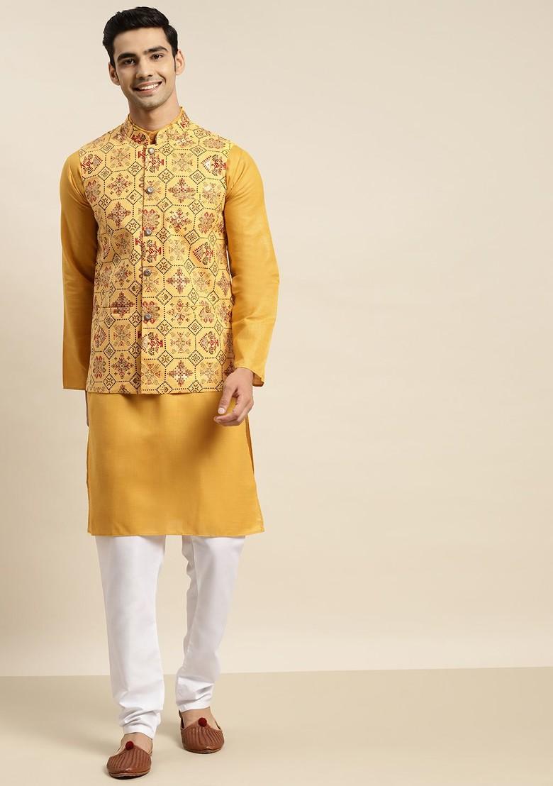 Mustard Solid Cotton Kurta Set For Men