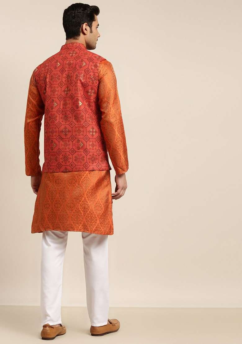 Orange Ethnic Motifs Poly Blend Kurta Set For Men - Indya