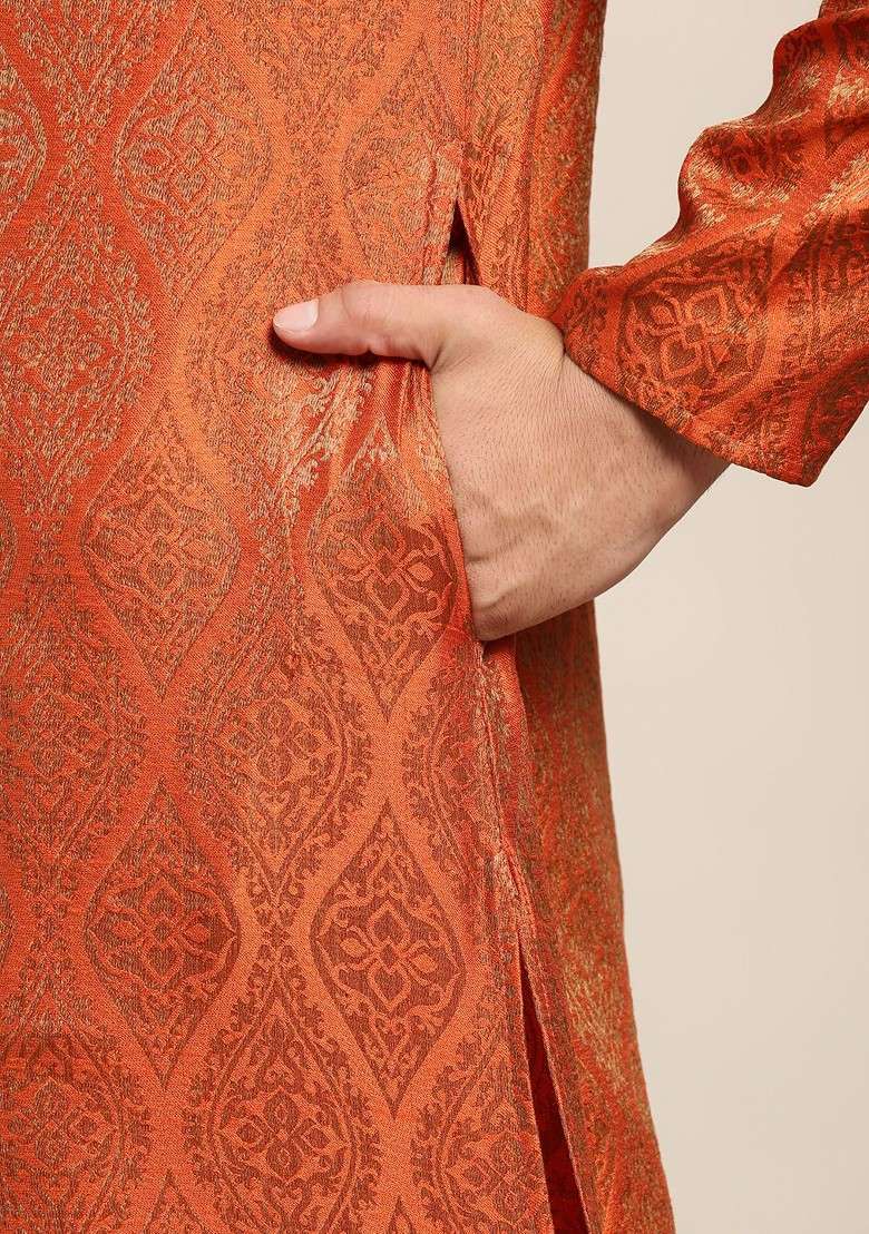 Orange Ethnic Motifs Poly Blend Kurta Set For Men - Indya