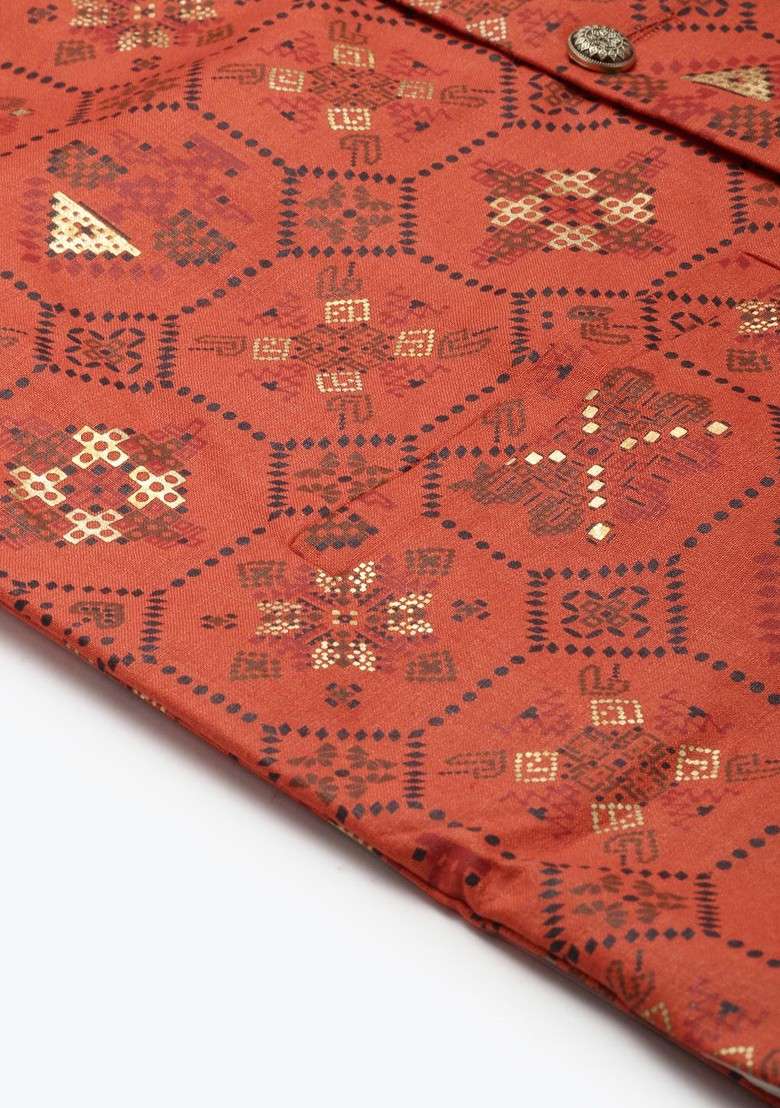 Orange Ethnic Motifs Poly Blend Kurta Set For Men - Indya