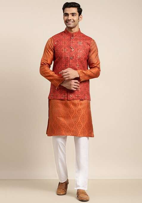 Orange Ethnic Motifs Poly Blend Kurta Set For Men