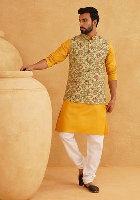 Mustard Solid Cotton Kurta Set For Men