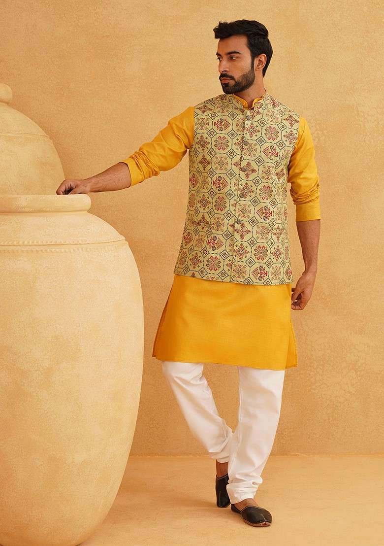 Mustard Solid Cotton Kurta Set For Men - Indya