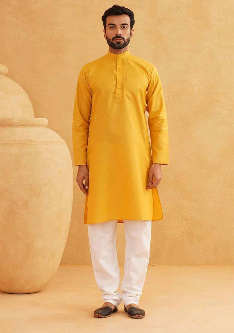 Mustard Solid Cotton Kurta Set For Men