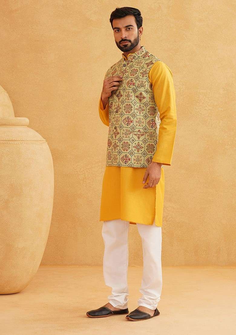 Mustard Solid Cotton Kurta Set For Men - Indya
