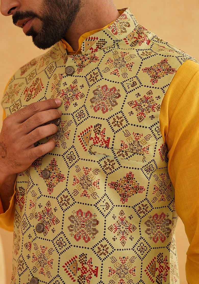 Mustard Solid Cotton Kurta Set For Men