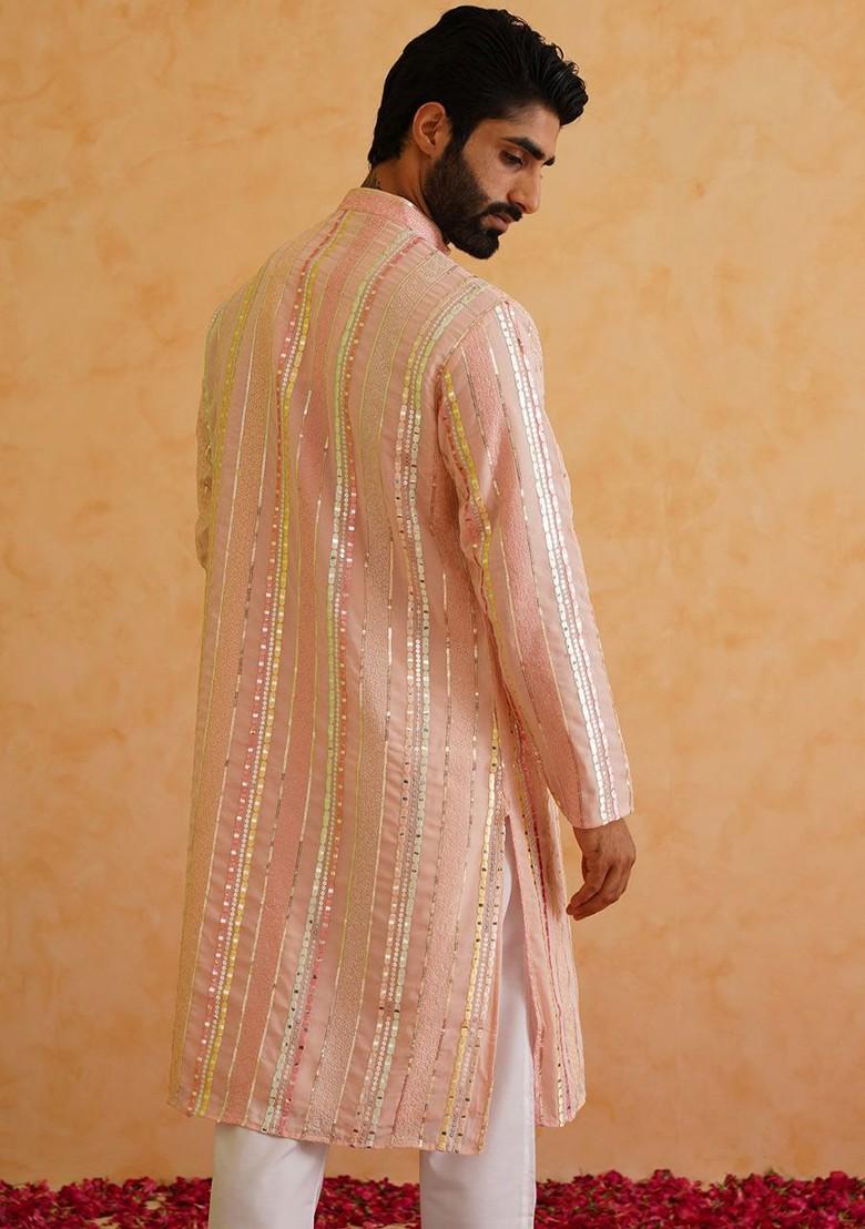Pink Embroidered Poly Blend Kurta Set For Men