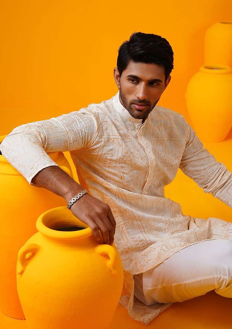 Cream Embroidered Poly Blend Kurta Set For Men - Indya