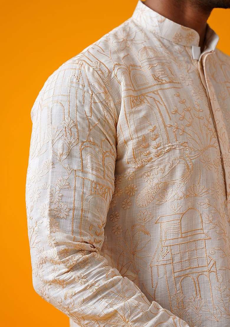 Cream Embroidered Poly Blend Kurta Set For Men - Indya