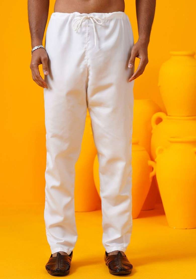 Cream Embroidered Poly Blend Kurta Set For Men - Indya