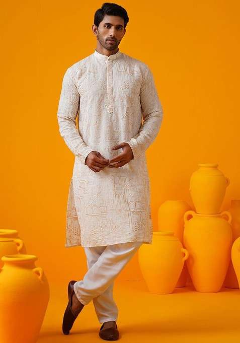 Cream Embroidered Poly Blend Kurta Set For Men