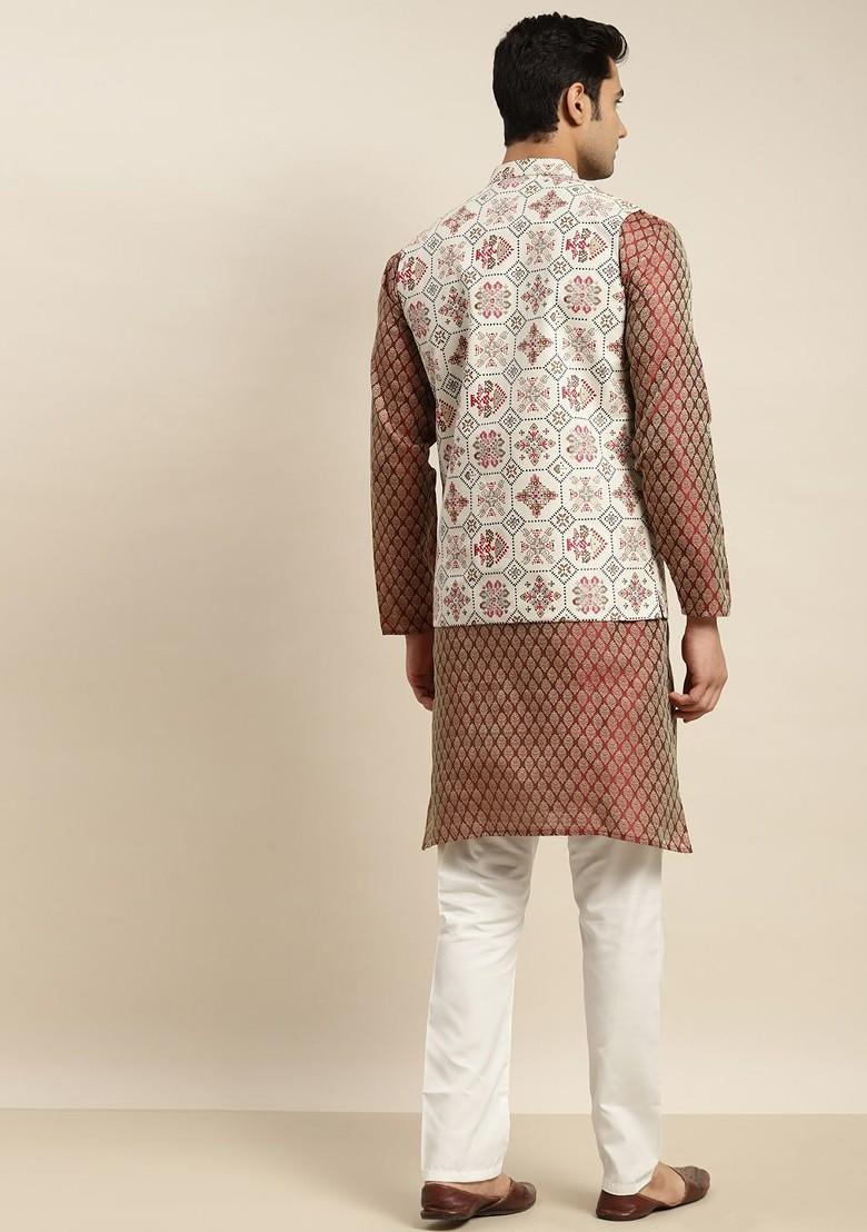 Maroon Ethnic Motifs Poly Blend Kurta Set For Men