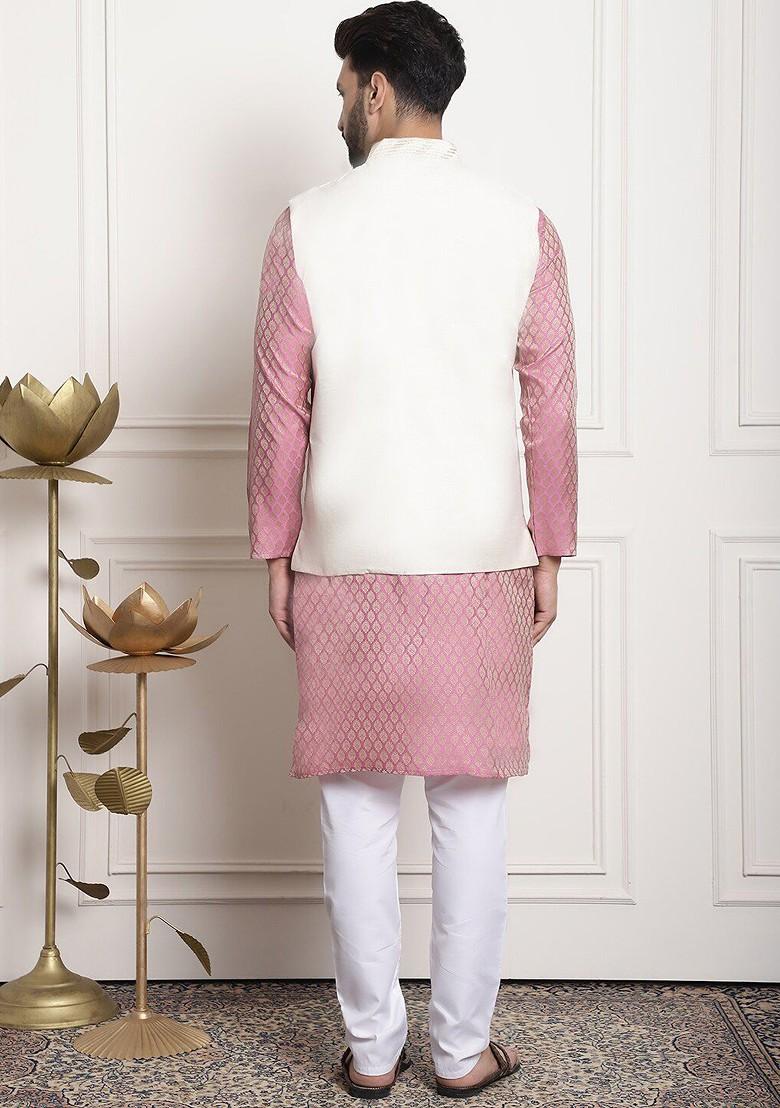 Pink Ethnic Motifs Poly Blend Kurta Set For Men