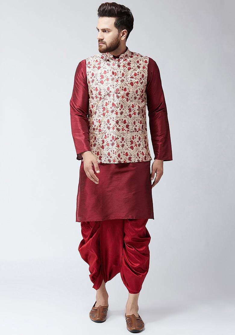 Maroon Printed Poly Blend Kurta Set For Men