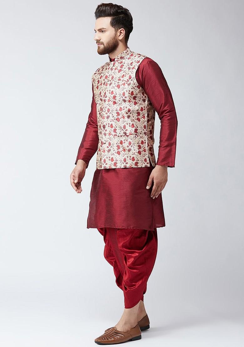 Maroon Printed Poly Blend Kurta Set For Men