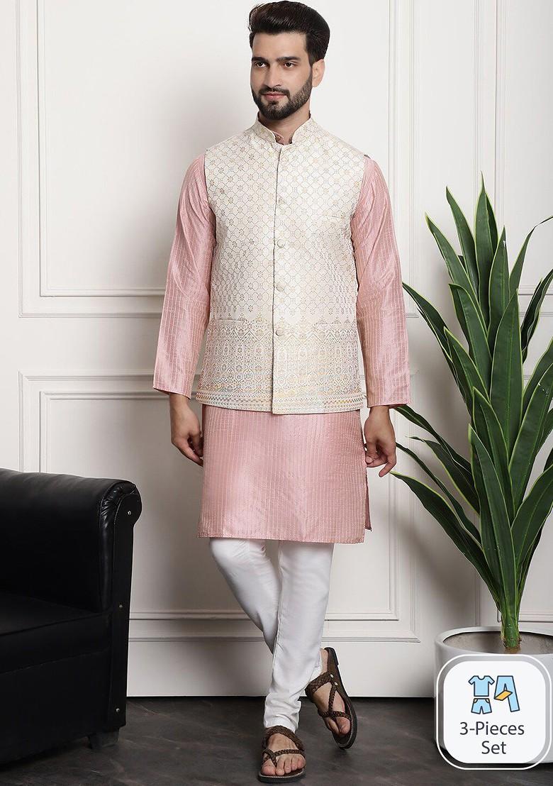 Pink Striped Poly Blend Kurta Set For Men