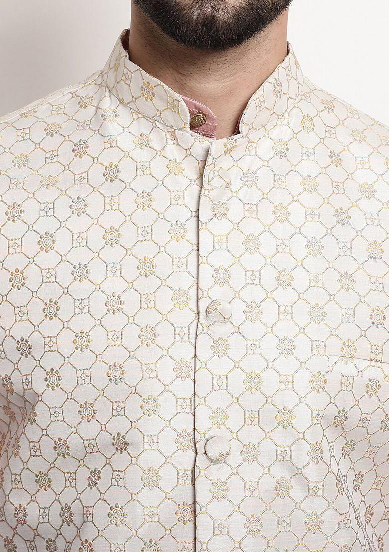 Pink Striped Poly Blend Kurta Set For Men