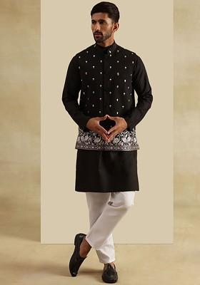 Black Sequin Work Poly Blend Kurta Set For Men