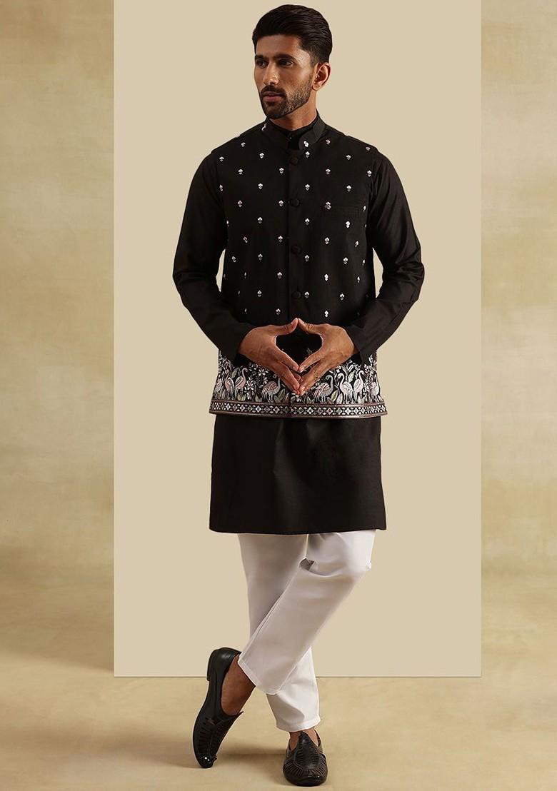 Black Sequin Work Poly Blend Kurta Set For Men
