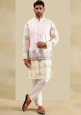 Cream Embroidered Cotton Kurta Set For Men