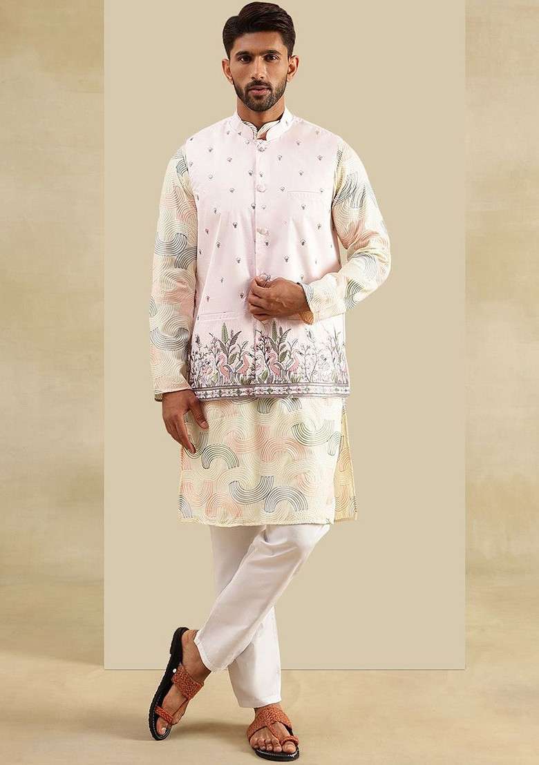 Cream Embroidered Cotton Kurta Set For Men - Indya
