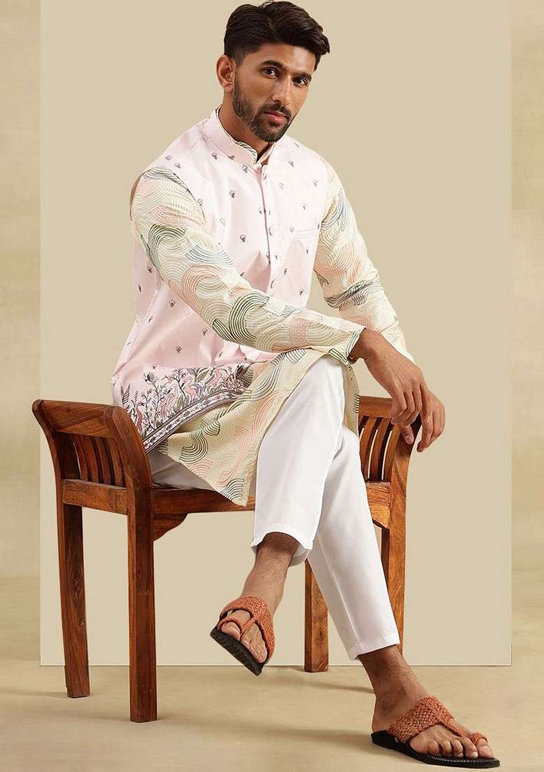 Cream Embroidered Cotton Kurta Set For Men - Indya
