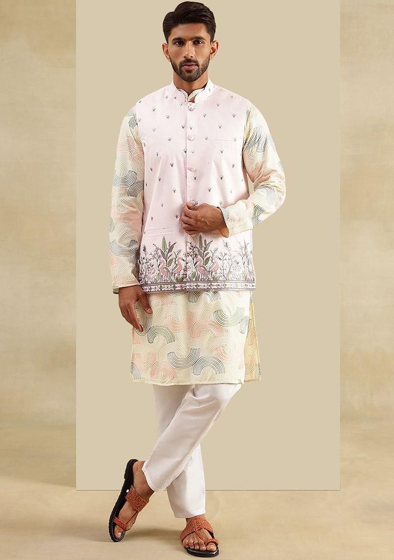 Cream Embroidered Cotton Kurta Set For Men