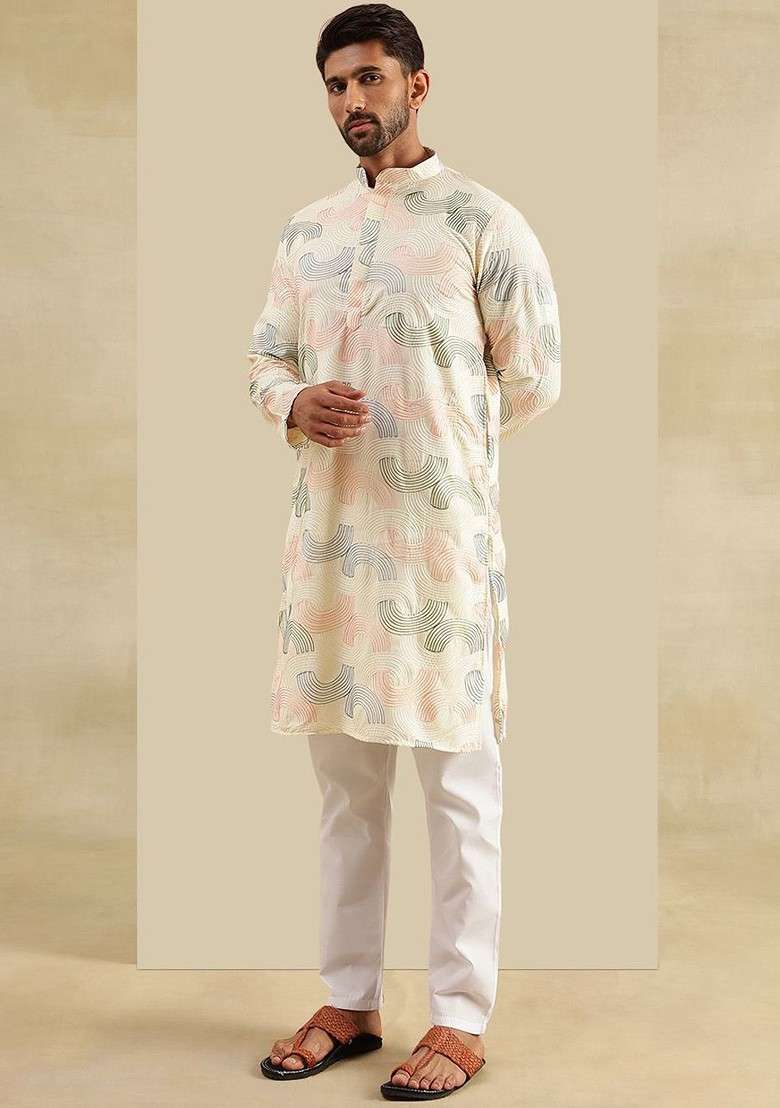 Cream Embroidered Cotton Kurta Set For Men - Indya