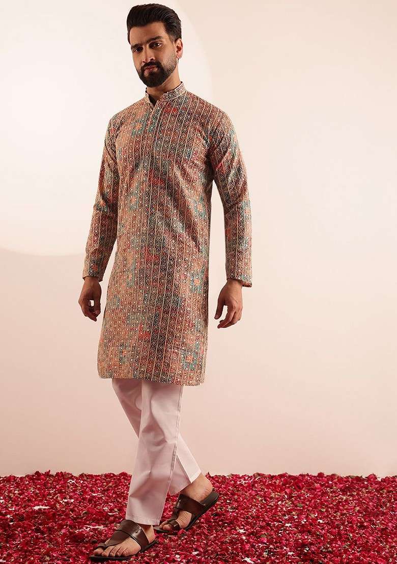 White Embroidered Poly Blend Kurta Set For Men - Indya