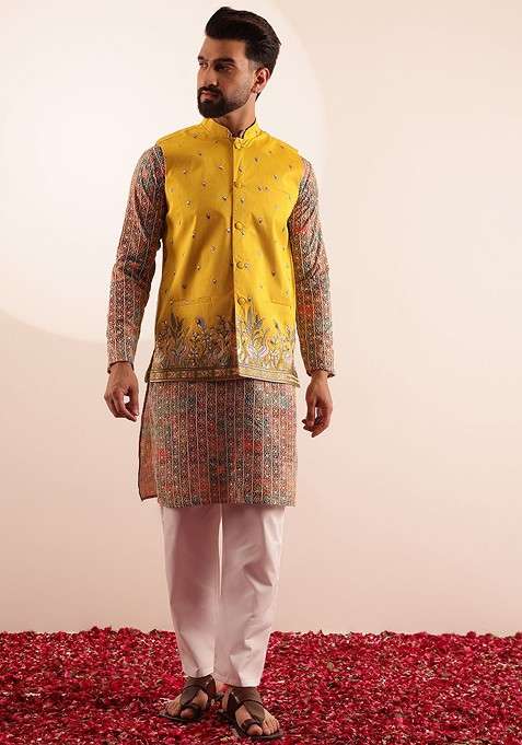 White Embroidered Poly Blend Kurta Set For Men