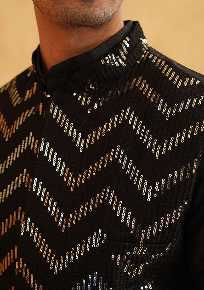 Black Embellished Poly Blend Kurta Set For Men