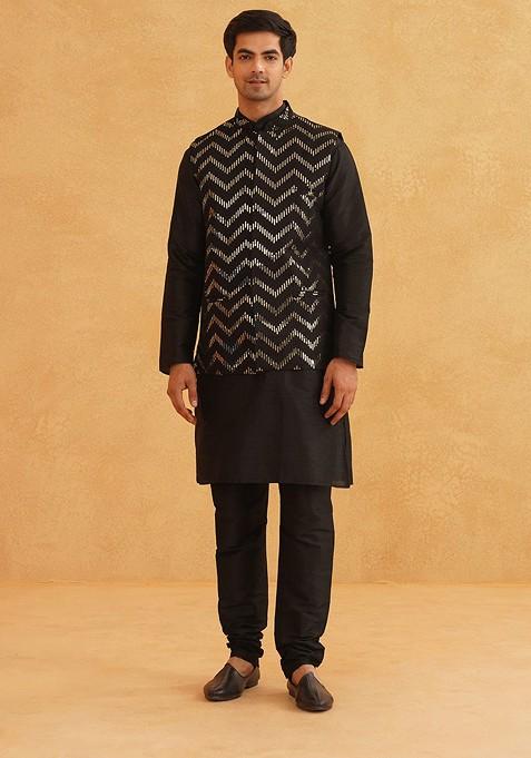 Black Embellished Poly Blend Kurta Set For Men