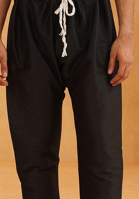 Black Embellished Poly Blend Kurta Set For Men