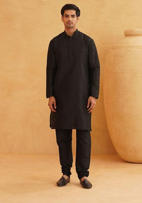 Black Embellished Poly Blend Kurta Set For Men