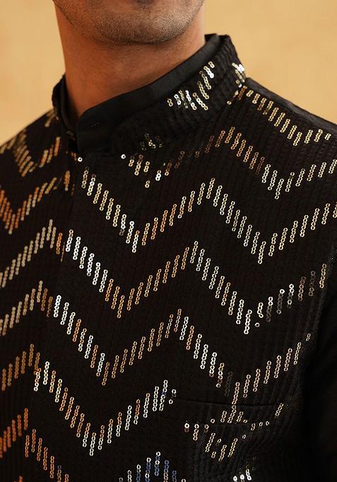 Black Embellished Poly Blend Kurta Set For Men