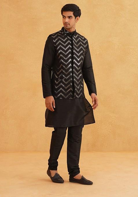 Black Embellished Poly Blend Kurta Set For Men
