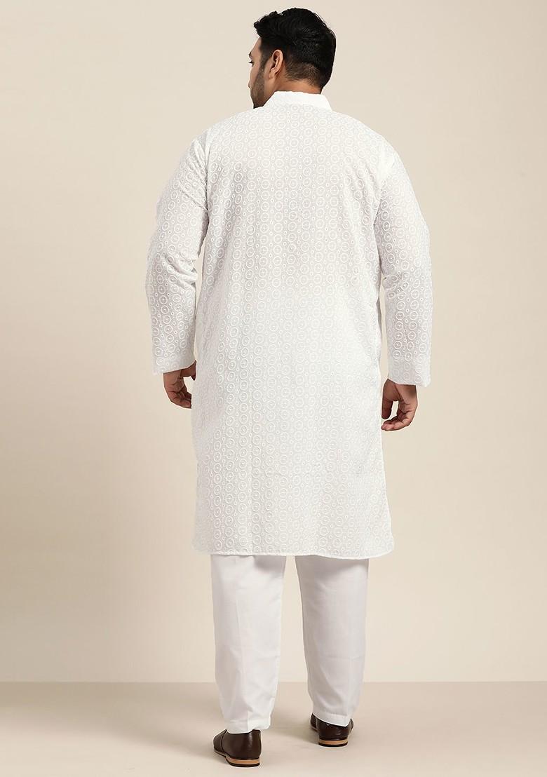 White Embroidered Cotton Kurta Set For Men
