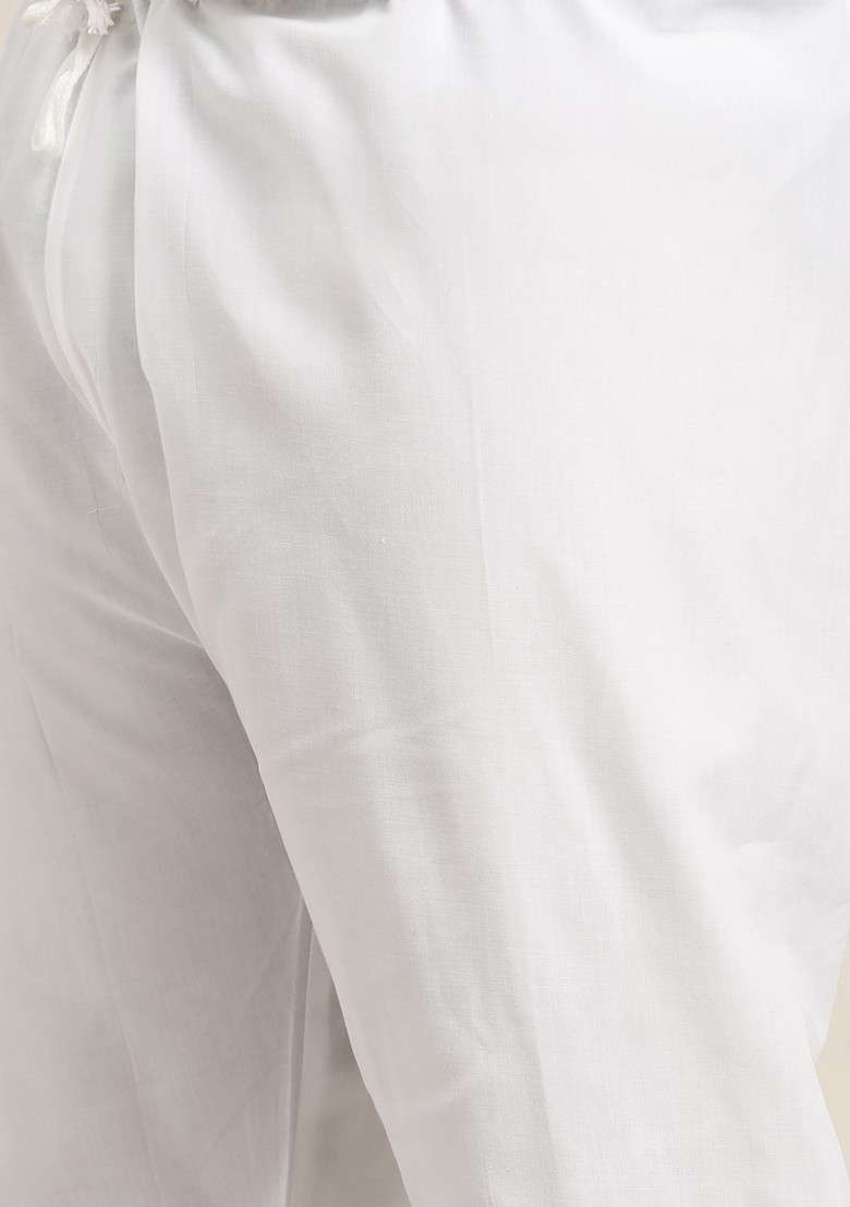 White Embroidered Cotton Kurta Set For Men - Indya