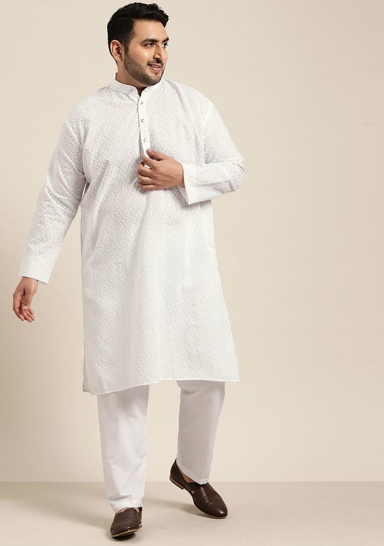 White Embroidered Cotton Kurta Set For Men