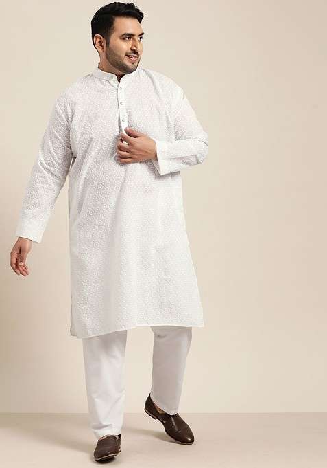 White Embroidered Cotton Kurta Set For Men