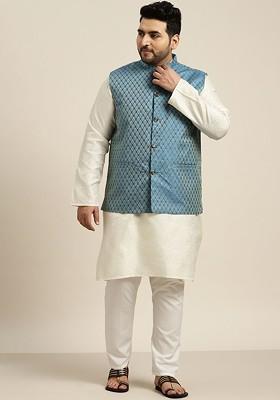 Cream Ethnic Motifs Poly Blend Kurta Set For Men