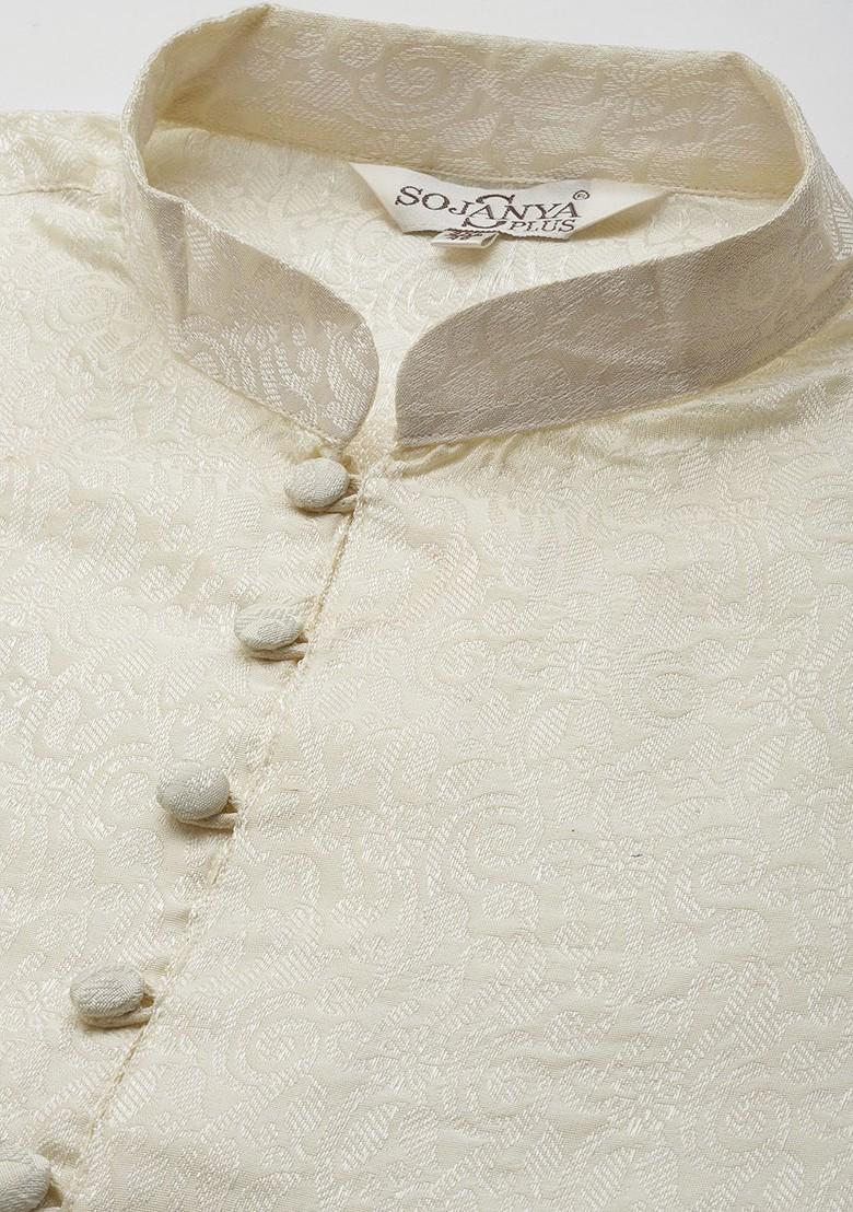 Cream Ethnic Motifs Poly Blend Kurta Set For Men