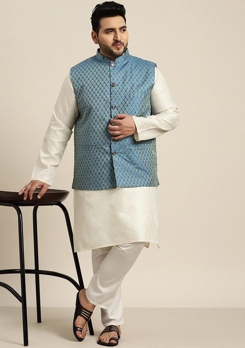 Cream Ethnic Motifs Poly Blend Kurta Set For Men