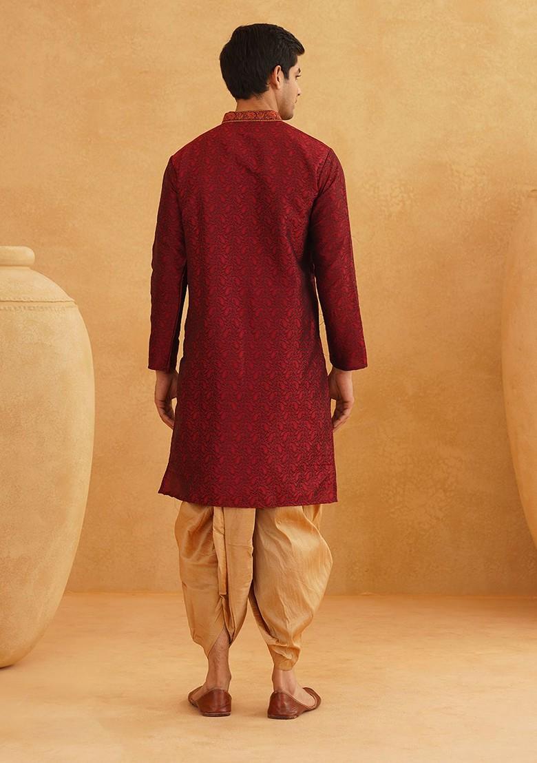 Maroon Solid Poly Blend Kurta Set For Men