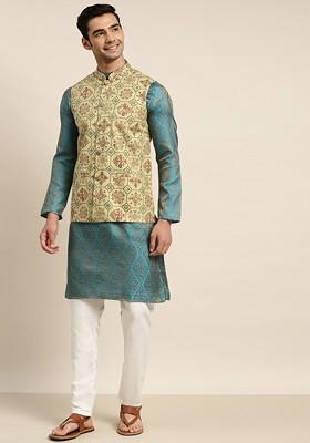 Teal Blue Ethnic Motifs Poly Blend Kurta Set For Men