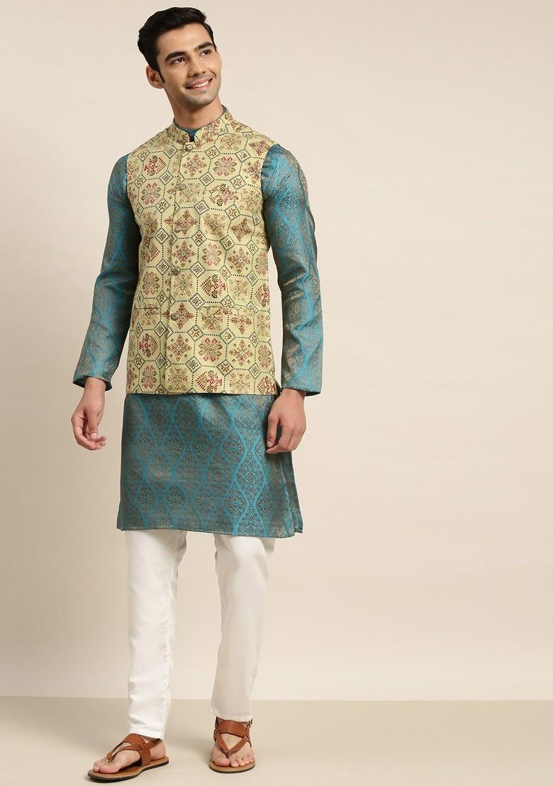Teal Blue Ethnic Motifs Poly Blend Kurta Set For Men